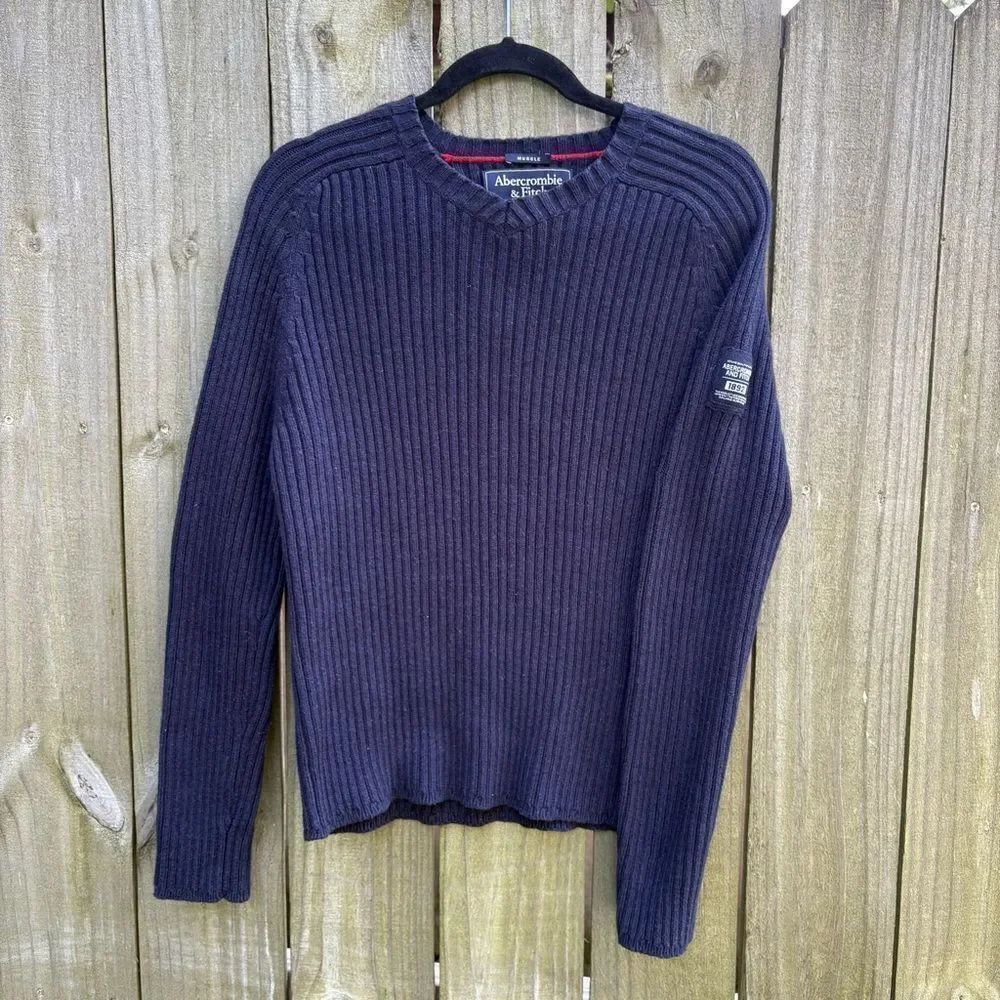 VINTAGE A&F Muscle Fit Sweater Y2K Ribbed Logo Rare Navy Medium